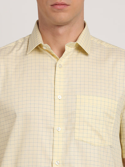 100% Cotton Cream Checkered Regular Fit Half Sleeve Formal Shirt