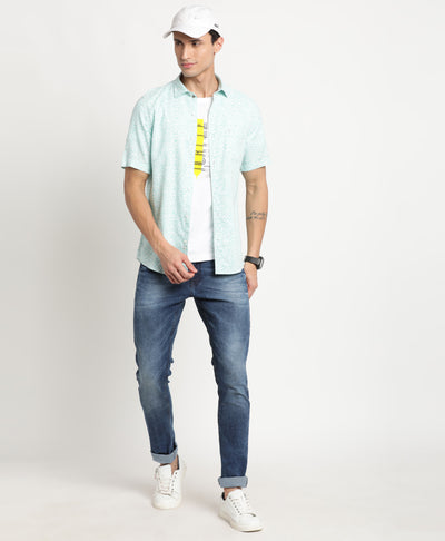 Excel Linen Sky Blue Printed Slim Fit Half Sleeve Casual Shirt