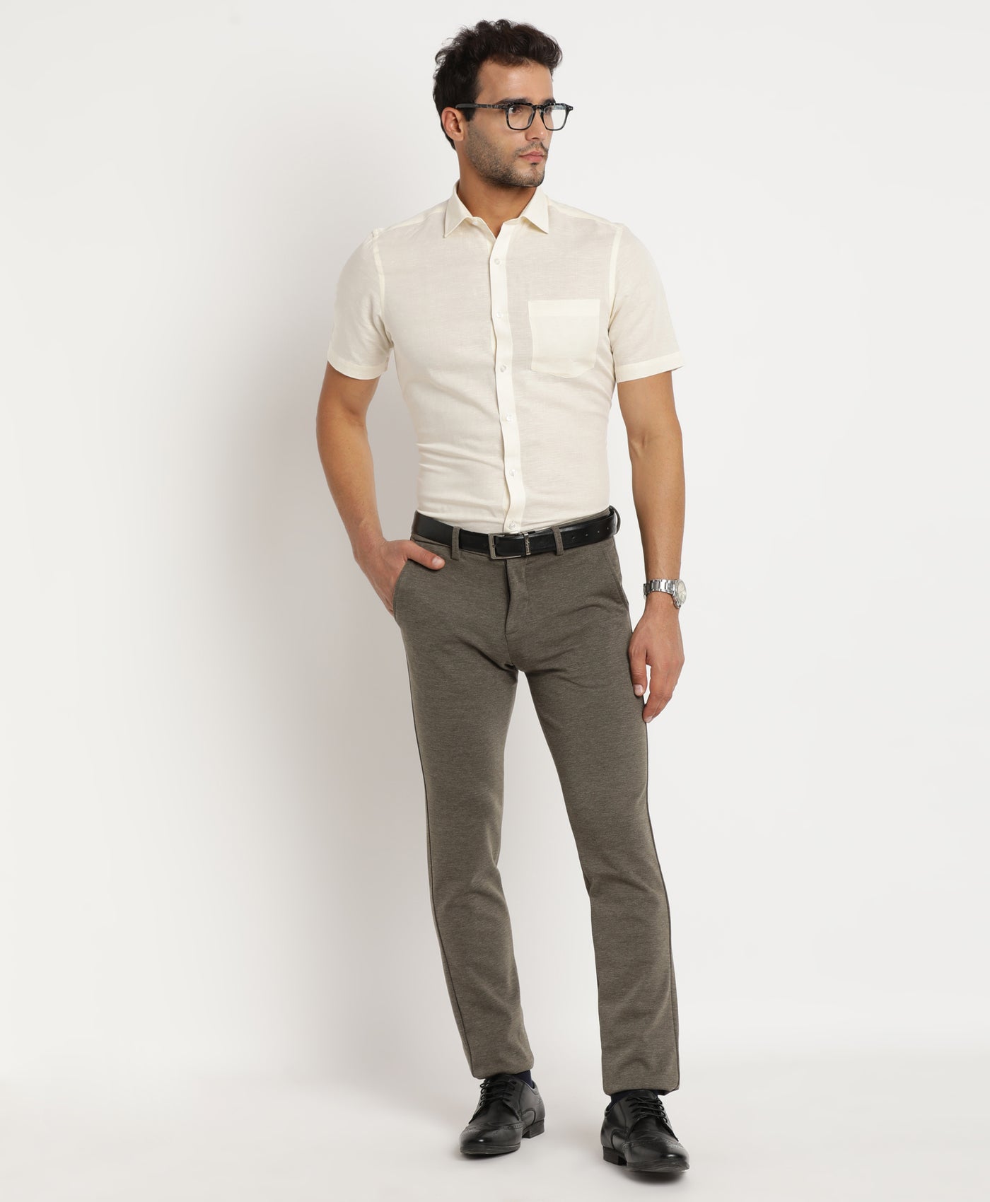 Cotton Grey Plain Ultra Slim Fit Flat Front Casual Trouser