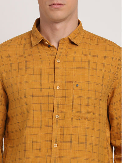 Cotton Lyocell Mustard Checkered Slim Fit Full Sleeve Casual Shirt