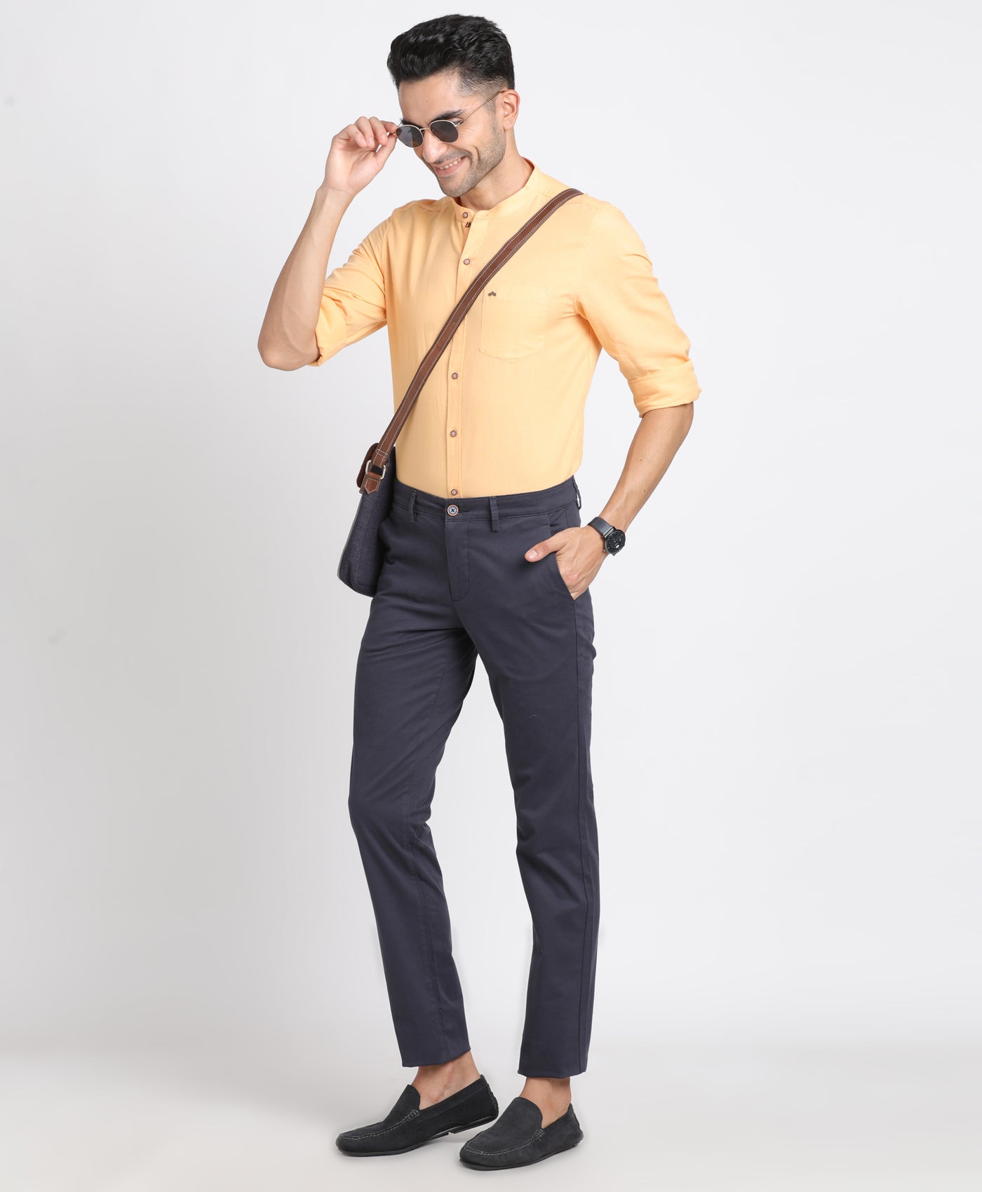 Cotton Linen Yellow Plain Slim Fit Mandarin Collar Casual Shirt