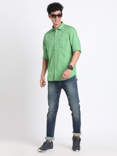 100% Cotton Green Printed Slim Fit Full Sleeve Casual Shirt