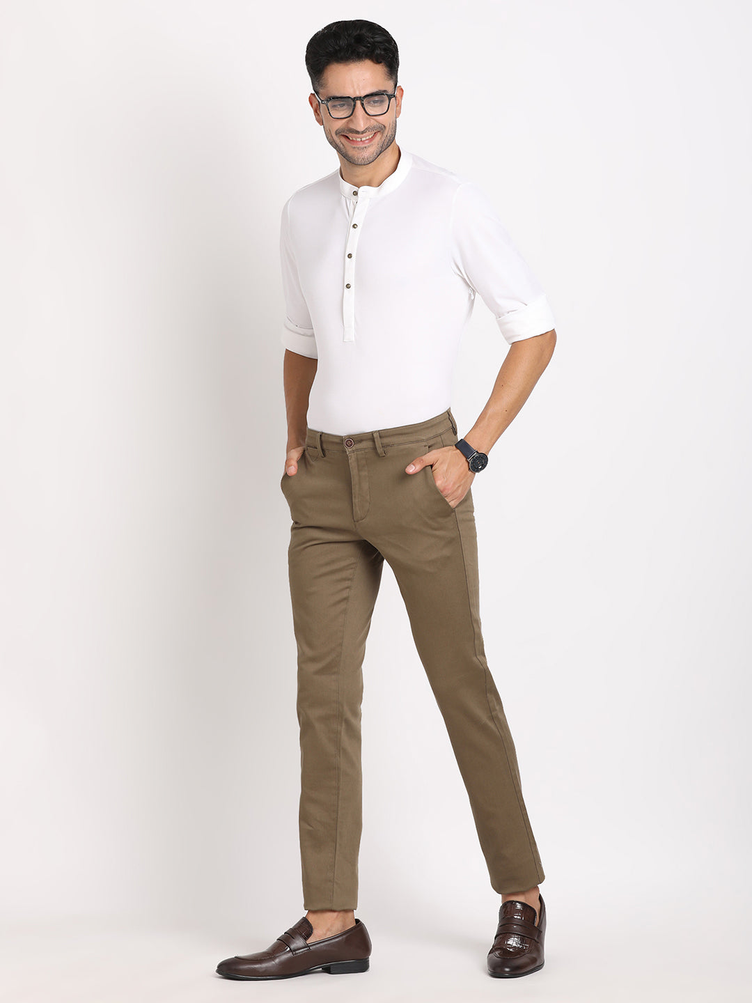 Cotton Stretch Khaki Dobby Ultra Slim Fit Flat Front Casual Trouser