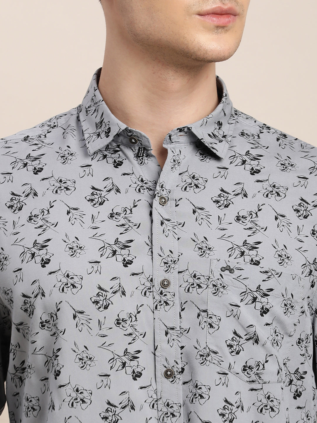 100% Viscose Grey Printed Slim Fit Full Sleeve Casual Shirt