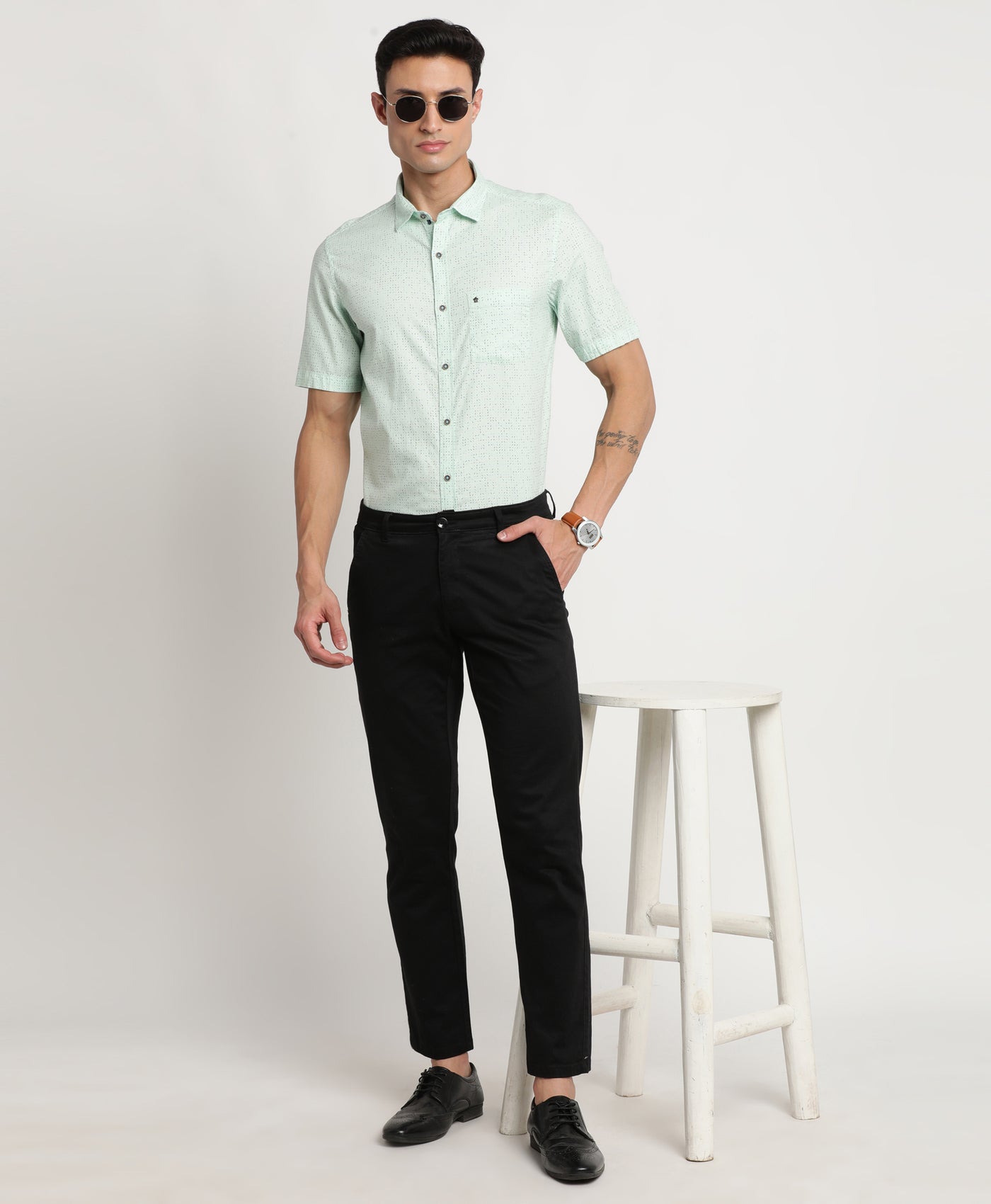 100% Cotton Green Printed Slim Fit Half Sleeve Casual Shirt