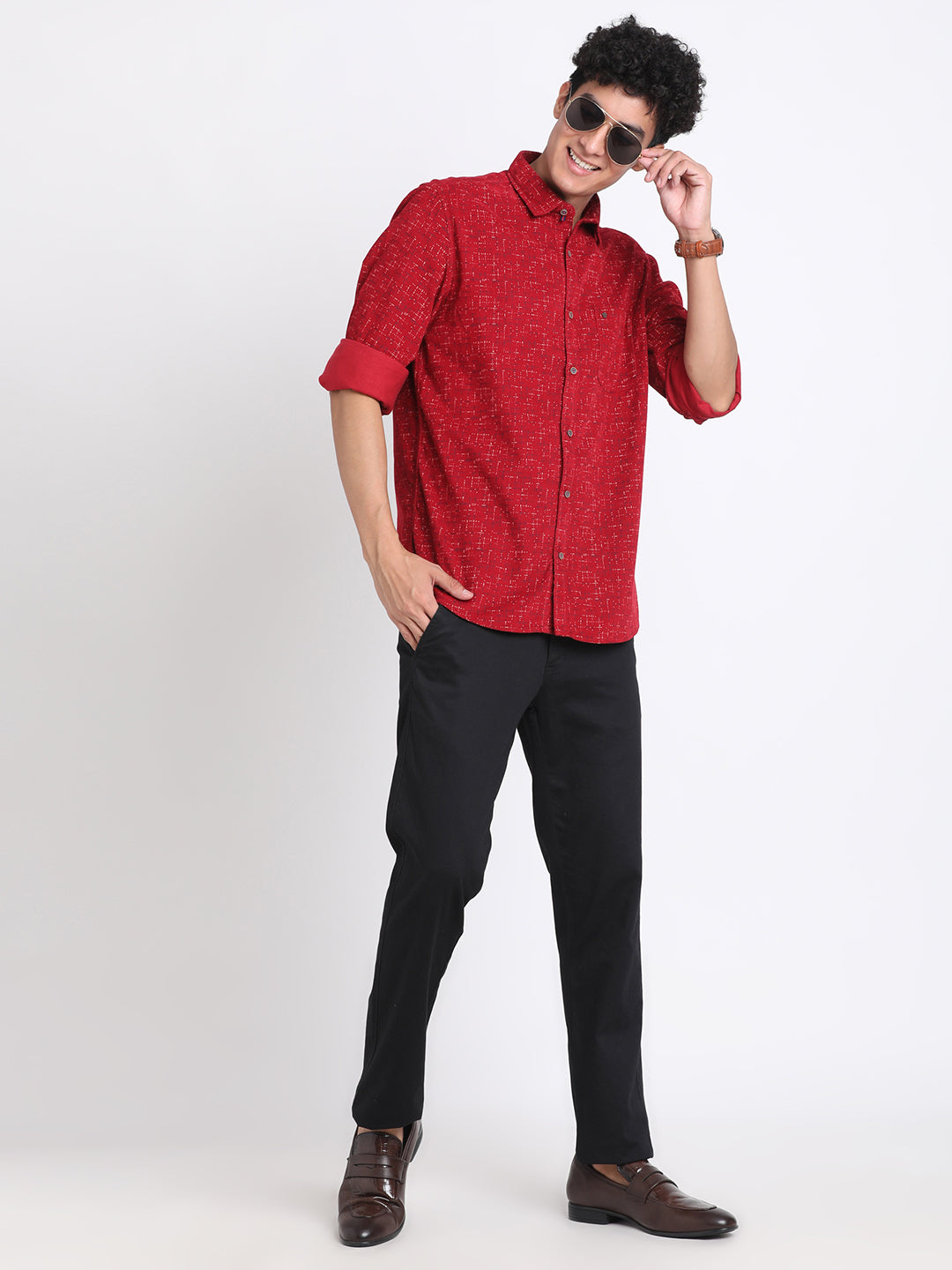 100% Cotton Red Printed Slim Fit Full Sleeve Casual Shirt