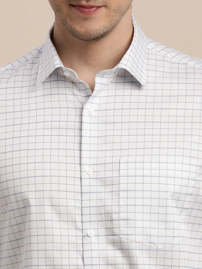 100% Cotton White Checkered Slim Fit Full Sleeve Formal Shirt