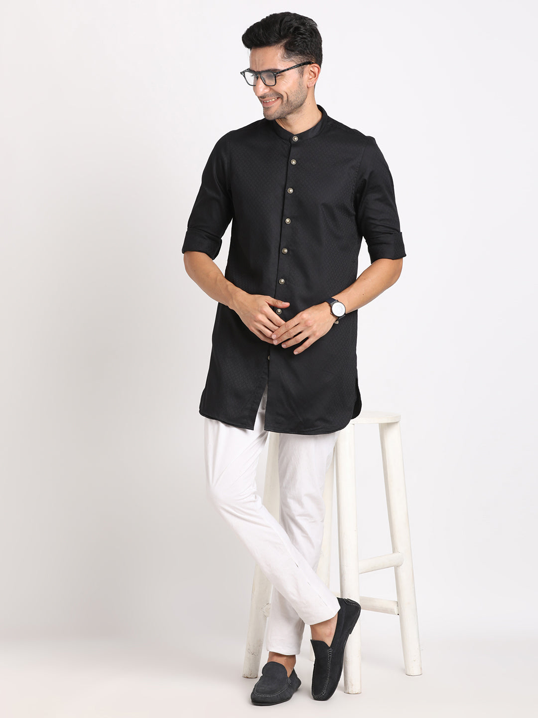 100% Cotton Black Jacquard Kurta Full Sleeve Ceremonial Shirt