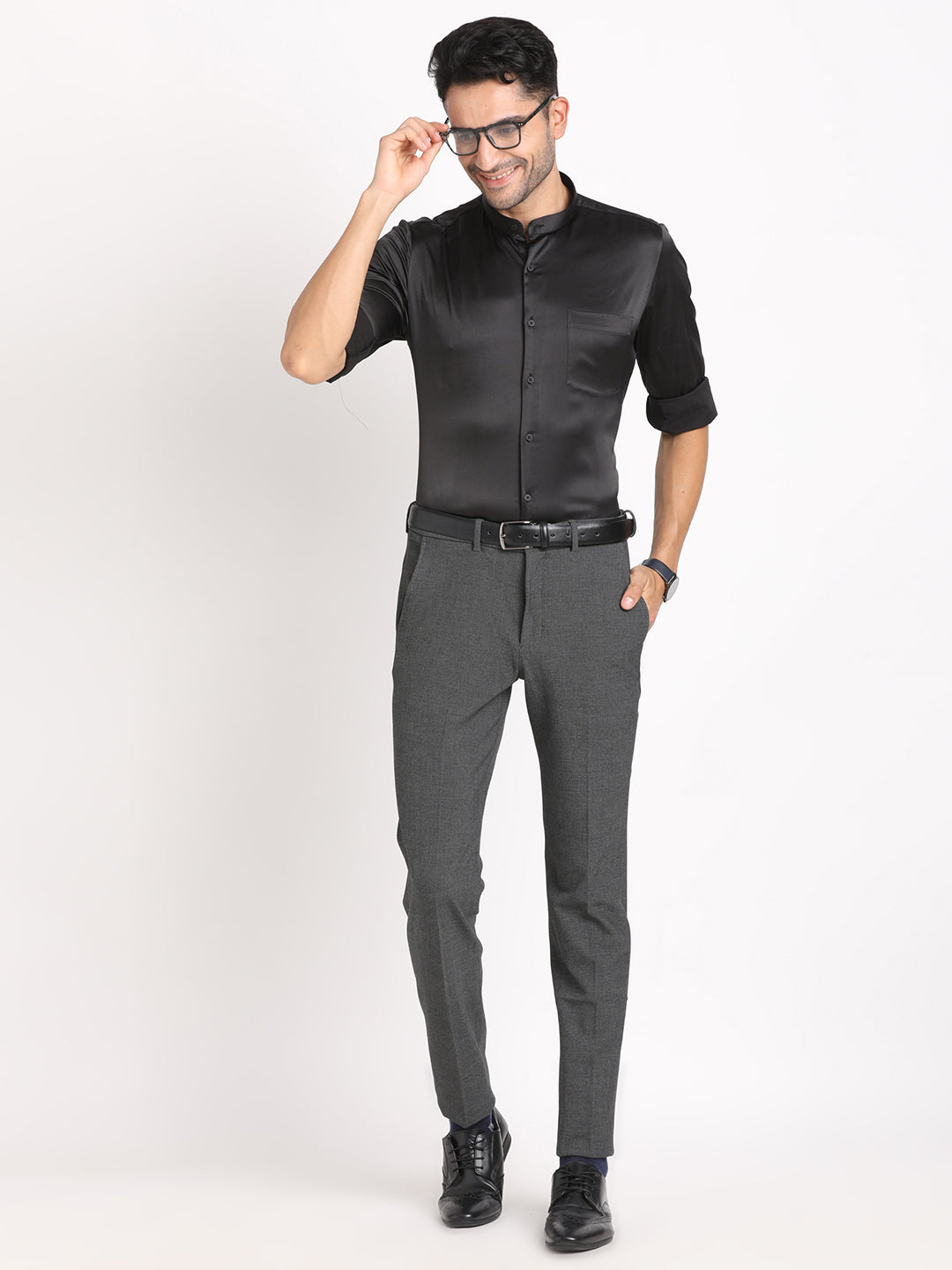 Cotton Black Plain Regular Fit Mandarin Collar Formal Shirt