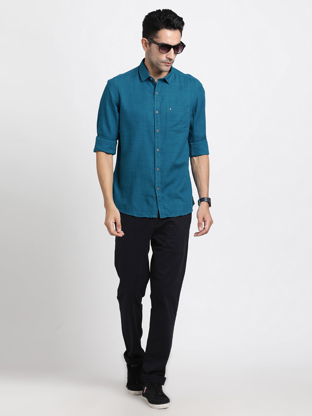 Cotton Lyocell Teal Blue Plain Slim Fit Full Sleeve Casual Shirt