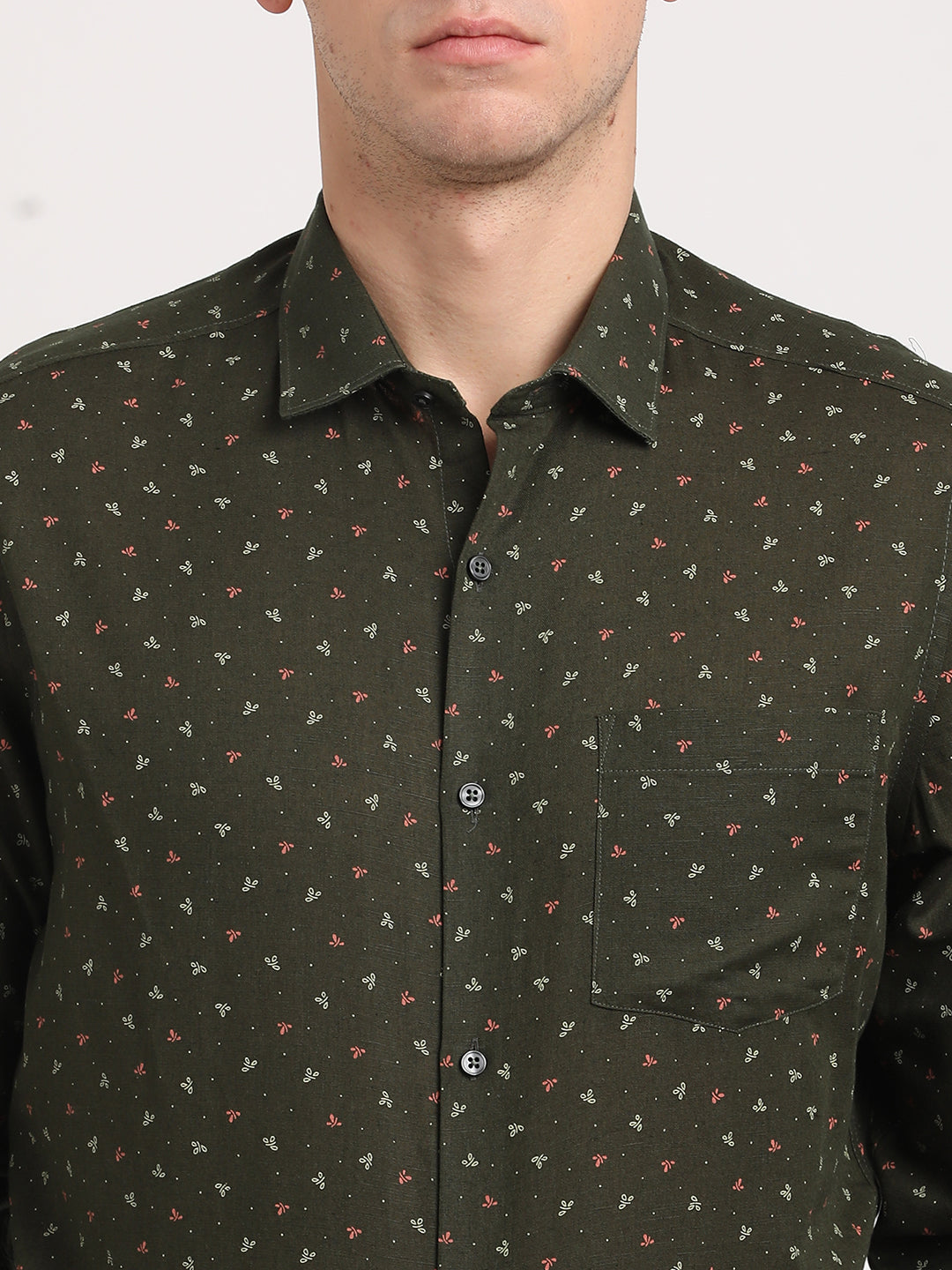 Cotton Linen Dark Green Printed Regular Fit Full Sleeve Formal Shirt