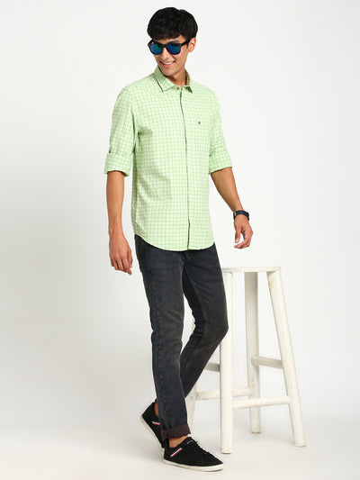 100% Cotton Green Checkered Slim Fit Full Sleeve Casual Shirt