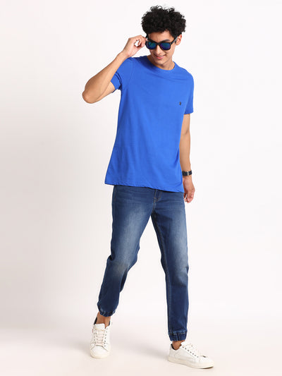 Essential 100% Cotton Blue Solid Round Neck Half Sleeve Casual T-Shirt