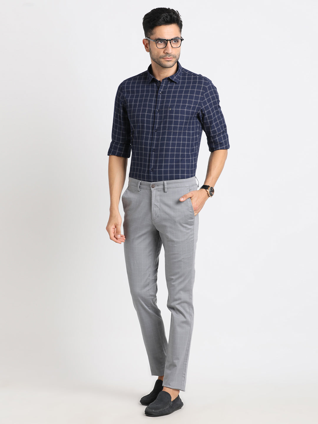 Cotton Stretch Steel Checkered Narrow Fit Flat Front Casual Trouser