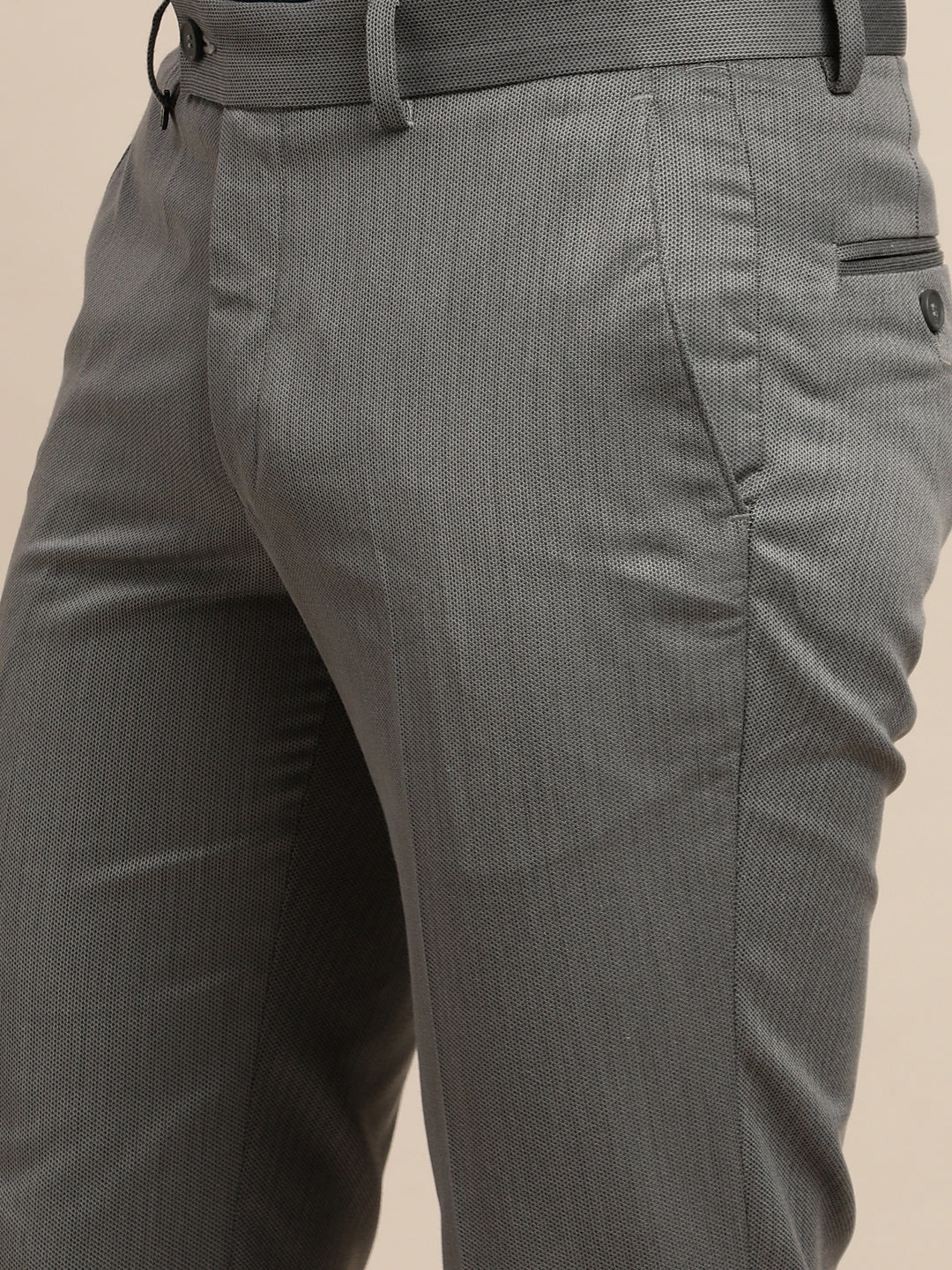 Poly Viscose Stretch Grey Dobby Slim Fit Flat Front Formal Trouser