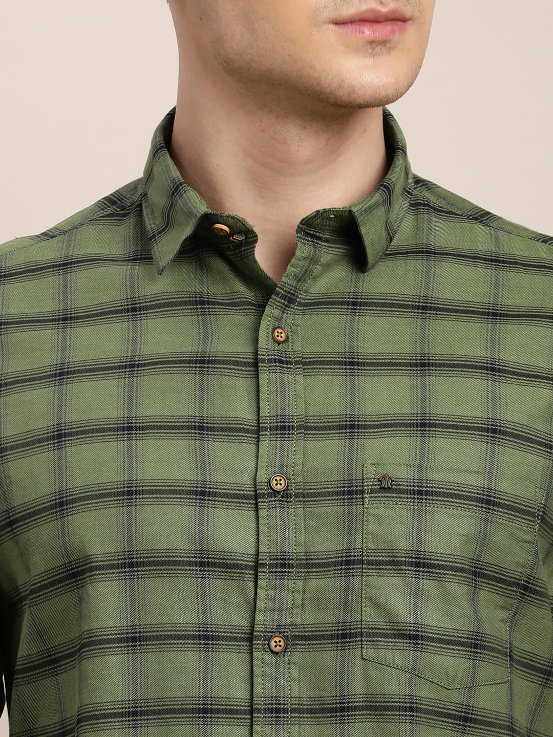 100% Cotton Green Checkered Slim Fit Full Sleeve Casual Shirt