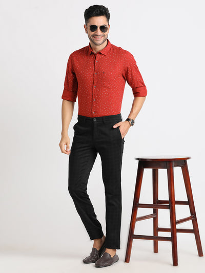 Cotton Stretch Red Printed Slim Fit Full Sleeve Casual Shirt