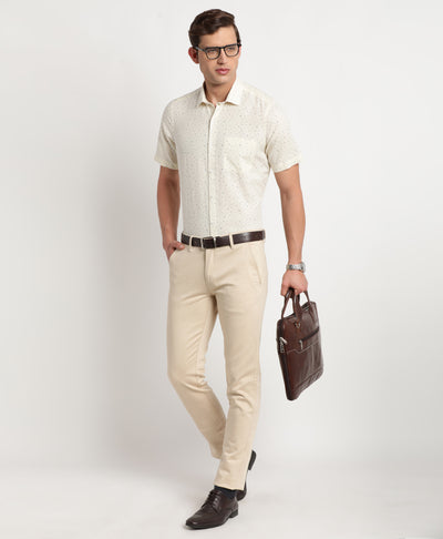 Cotton Linen Cream Printed Regular Fit Half Sleeve Formal Shirt