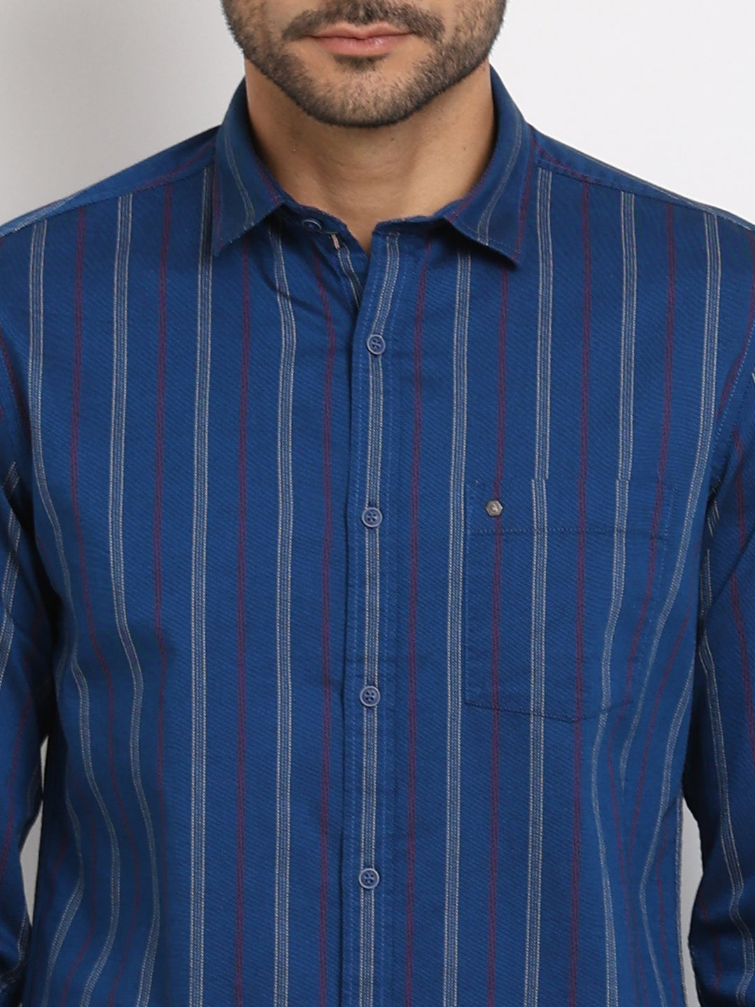 100% Cotton Blue Striped Slim Fit Full Sleeve Casual Shirt