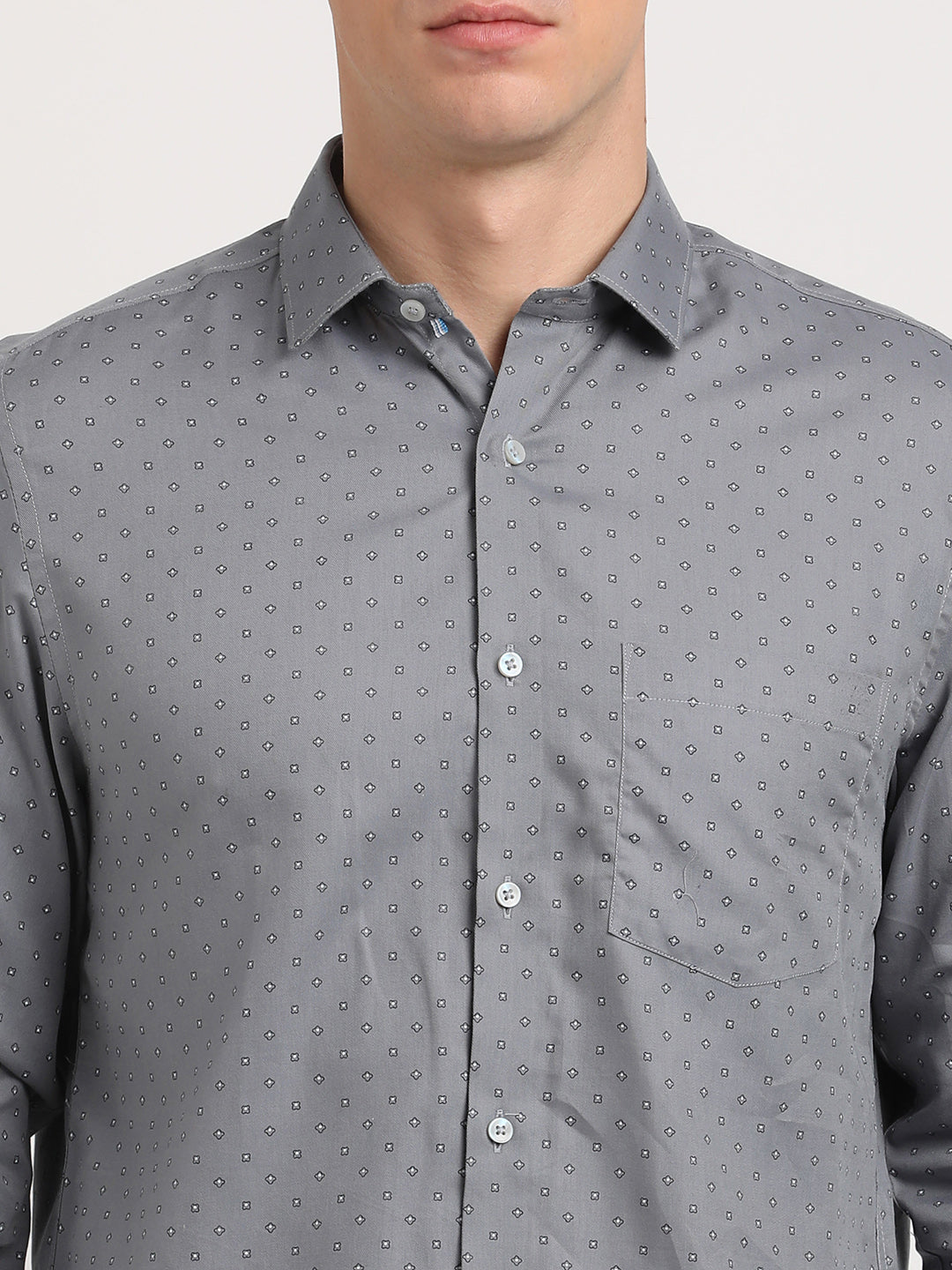 Cotton Tencel Grey Printed Slim Fit Full Sleeve Formal Shirt