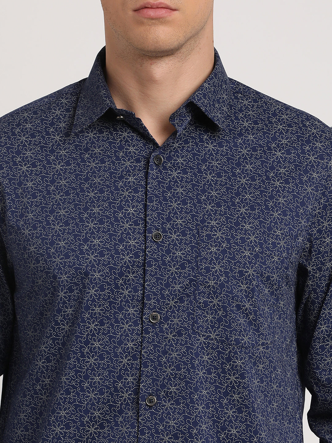 100% Cotton Navy Blue Printed Slim Fit Full Sleeve Ceremonial Shirt