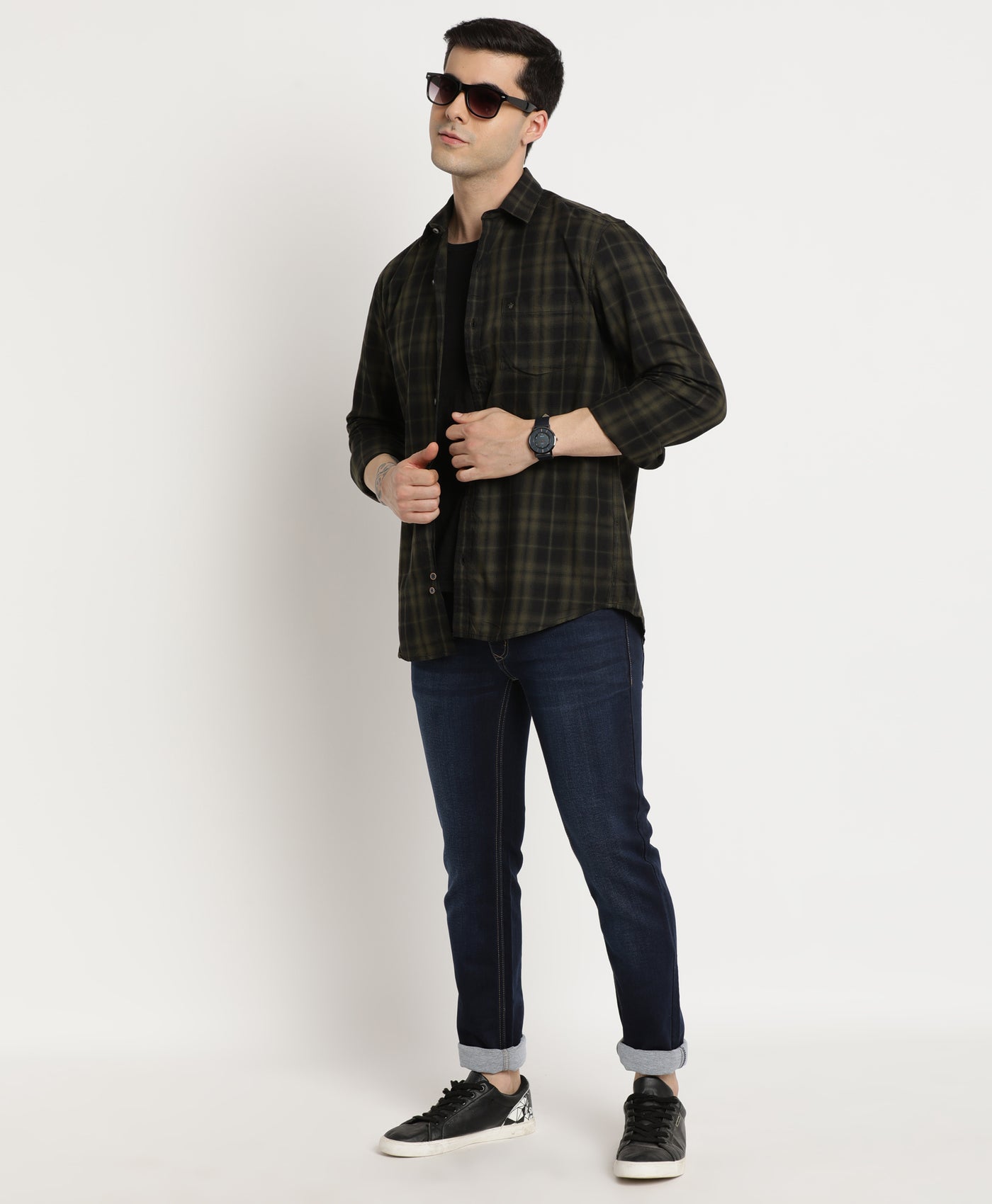 100% Cotton Olive Checkered Slim Fit Full Sleeve Casual Shirt