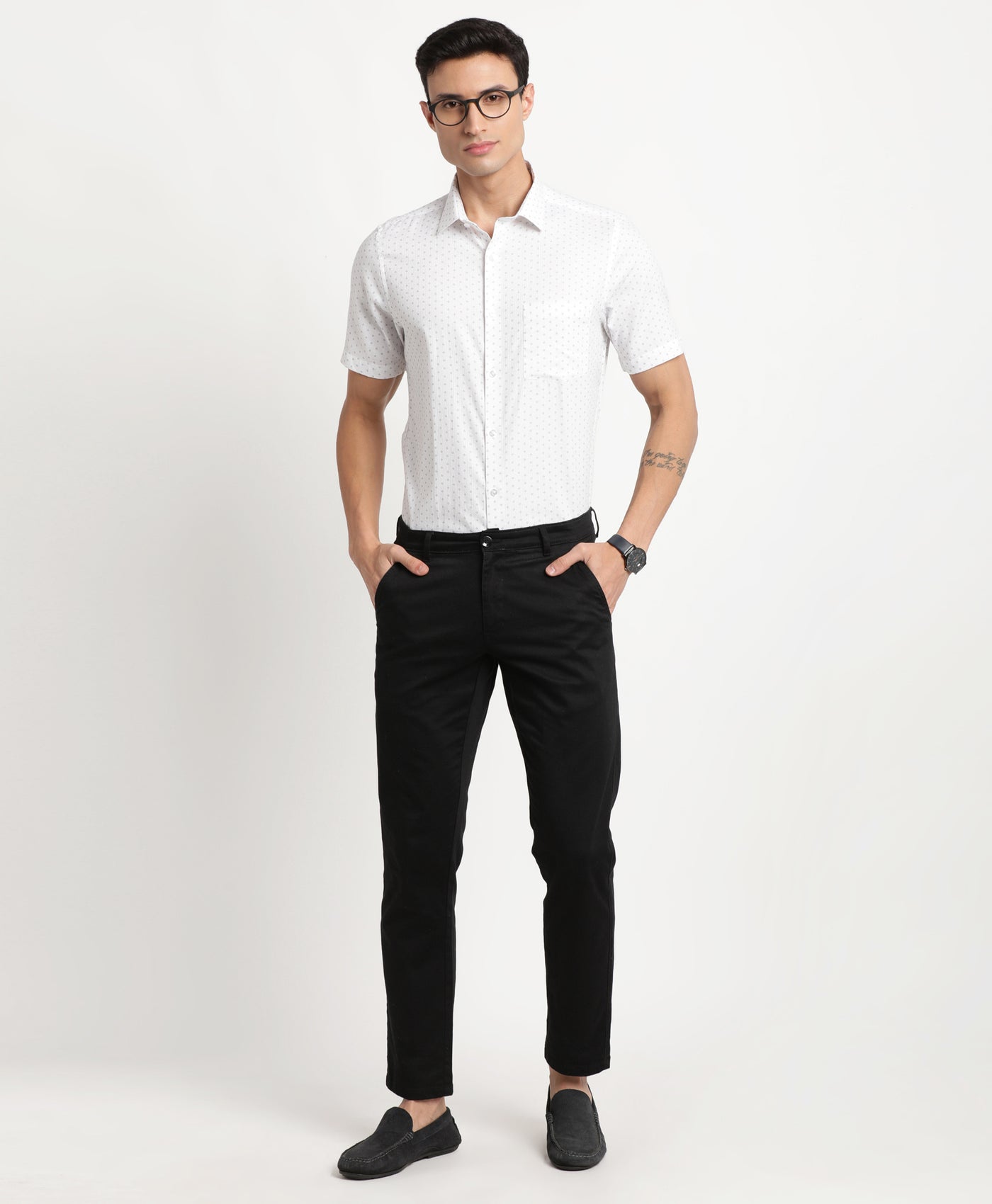100% Cotton White Printed Regular Fit Half Sleeve Formal Shirt