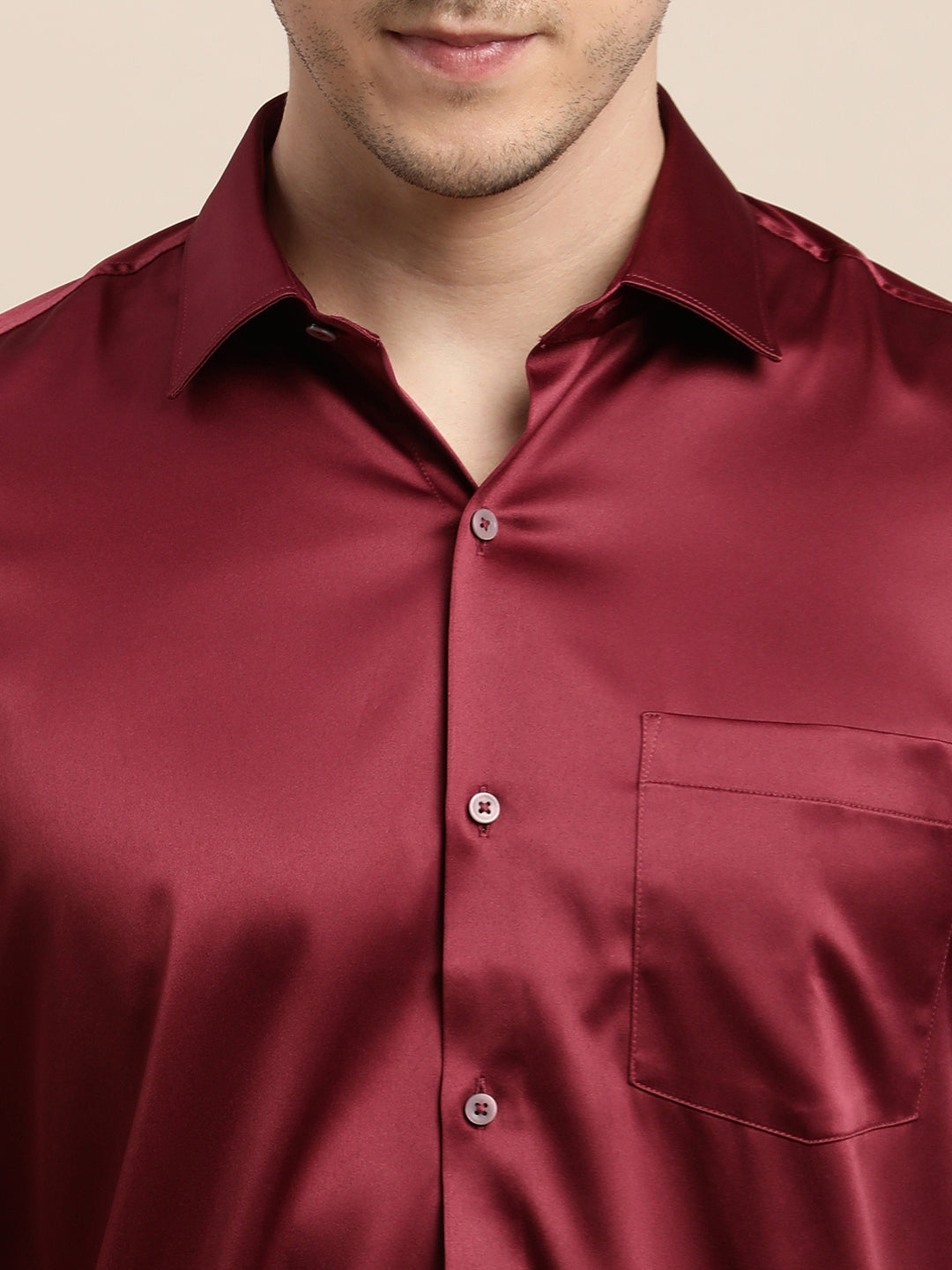 Poly Satin Maroon Plain Slim Fit Full Sleeve Ceremonial Shirt