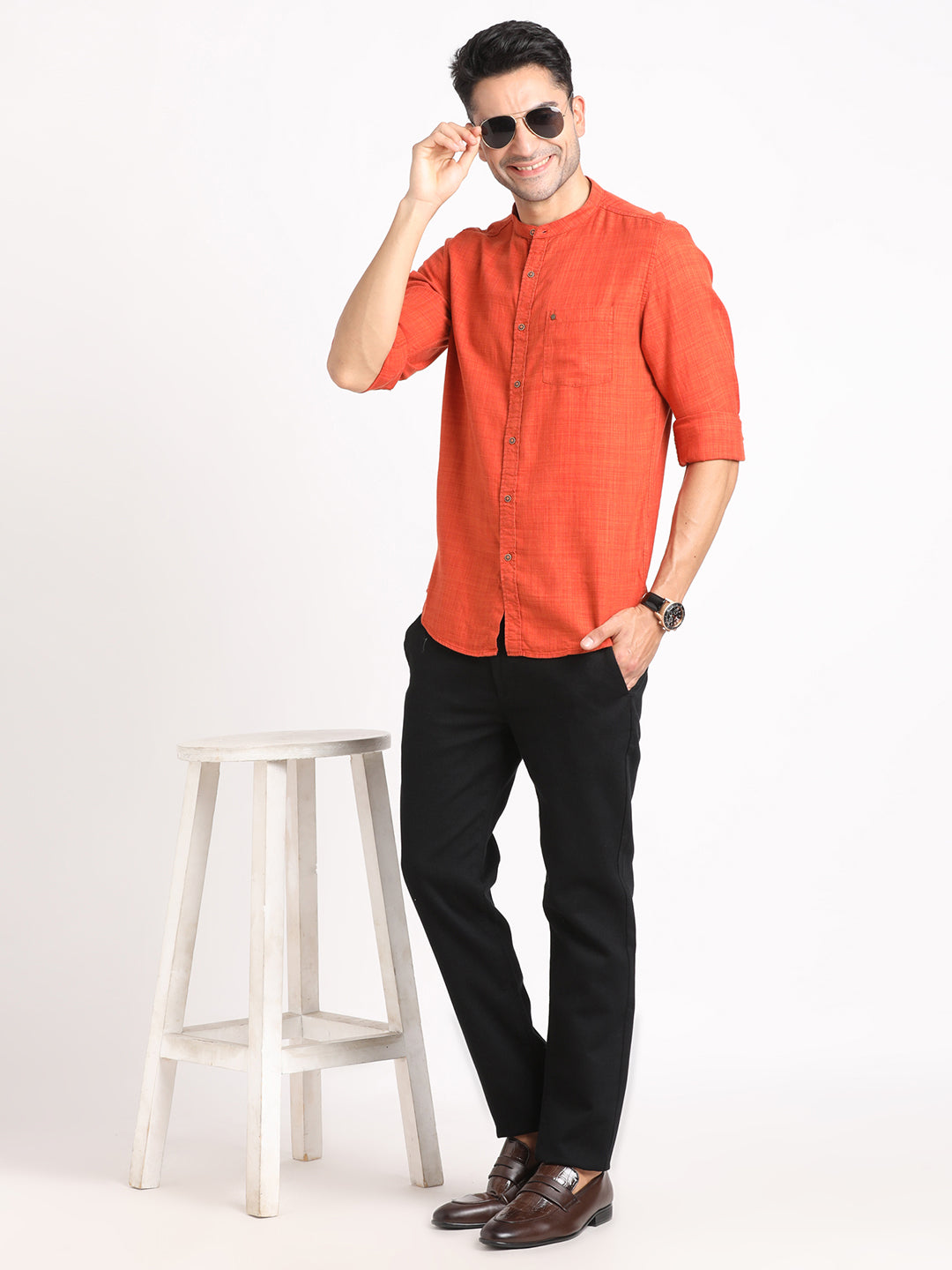 Cotton Lyocell Orange Plain Slim Fit Full Sleeve Casual Shirt