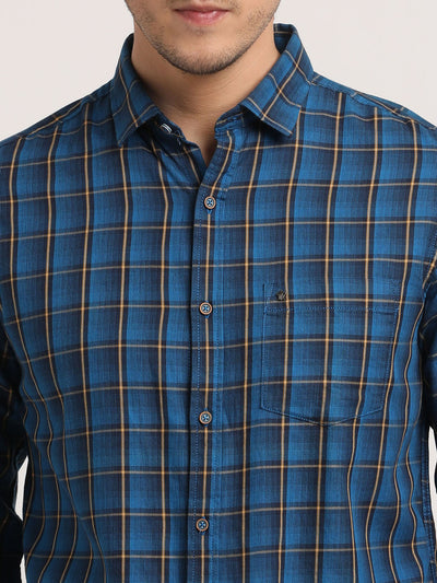 100% Cotton Blue Checkered Slim Fit Full Sleeve Casual Shirt