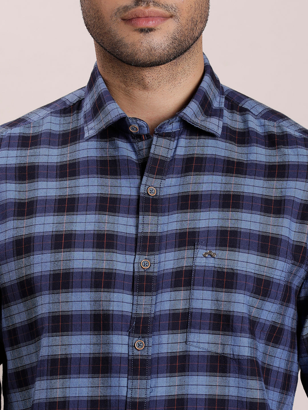 100% Cotton Indigo Navy Blue Checkered Slim Fit Full Sleeve Casual Shirt