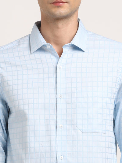 Giza Cotton Light Blue Checkered Slim Fit Full Sleeve Formal Shirt