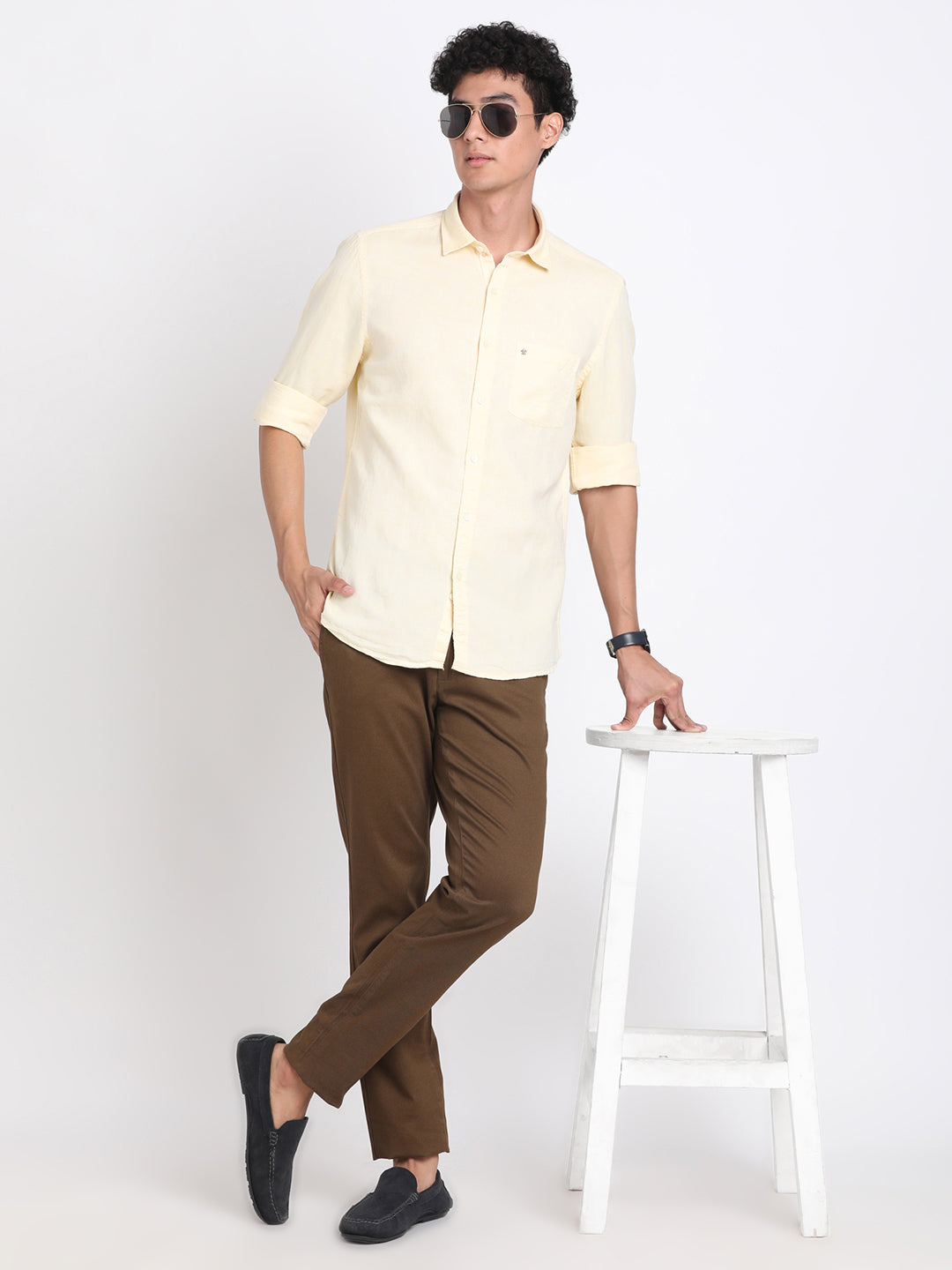 Cotton Linen Yellow Plain Slim Fit Full Sleeve Casual Shirt