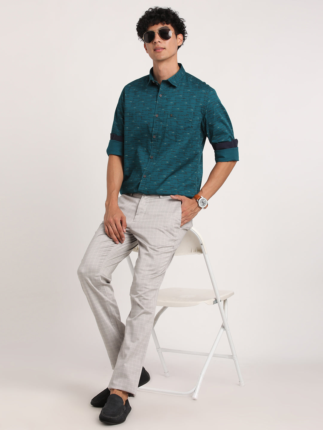 Turtle Men Pure Cotton Sea Green Printed Slim Fit Casual Shirts