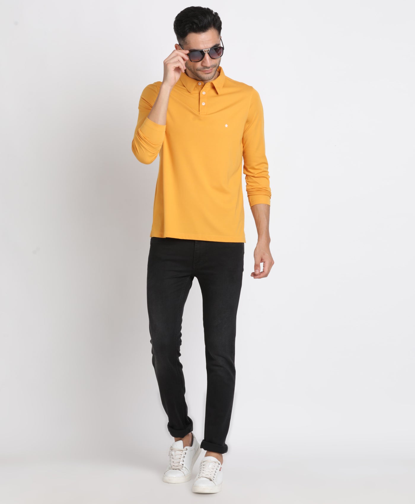 Cotton Tencel Mustard Yellow Plain Polo Neck Full Sleeve Casual T-Shirt