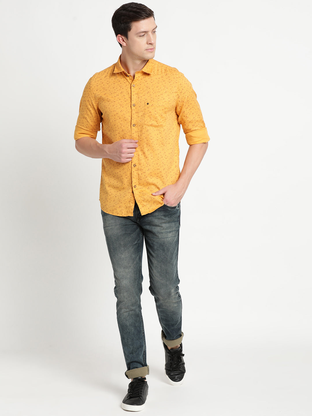 100% Cotton Mustard Printed Slim Fit Full Sleeve Casual Shirt