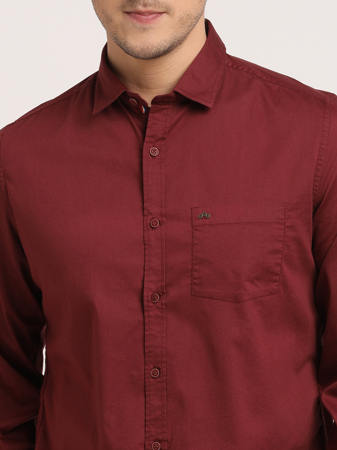 Cotton Stretch Maroon Plain Slim Fit Full Sleeve Casual Shirt