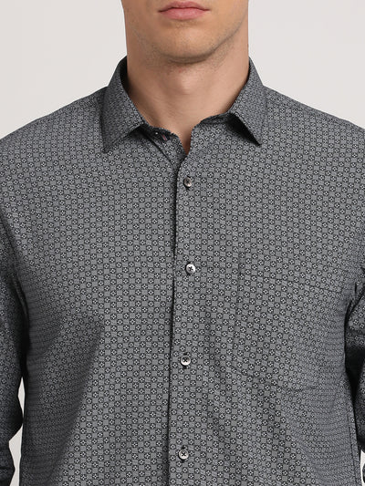 Cotton Tencel Grey Printed Slim Fit Full Sleeve Formal Shirt