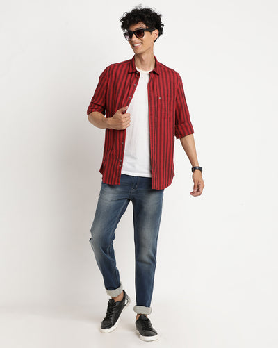 Cotton Melange Maroon Checkered Slim Fit Full Sleeve Casual Shirt