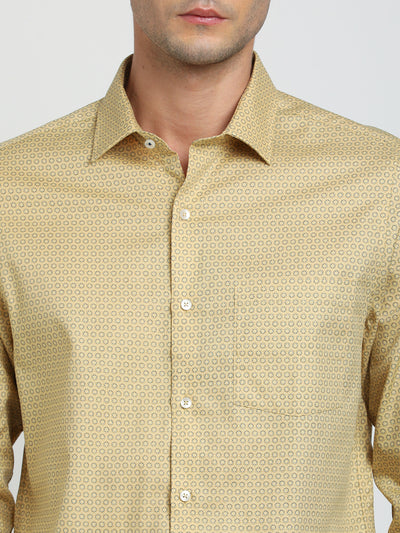 100% Cotton Yellow Printed Slim Fit Full Sleeve Formal Shirt