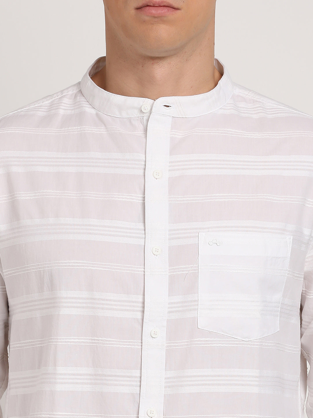 100% Cotton White Striped Slim Fit Mandarin Collar Casual Shirt