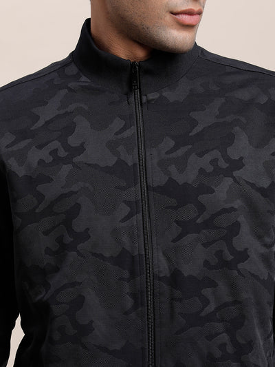 Knitted Black Printed Regular Fit Full Sleeve Casual Windcheater