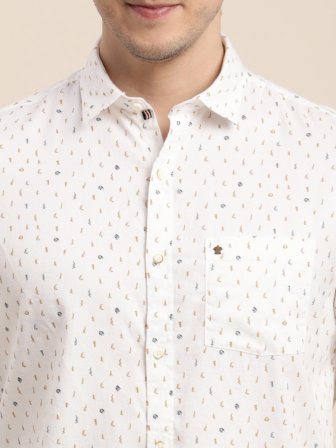 100% Cotton White Printed Slim Fit Full Sleeve Casual Shirt