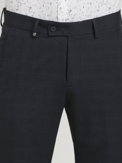 Poly Viscose Navy Blue Checkered Ultra Slim Fit Flat Front Formal Trouser
