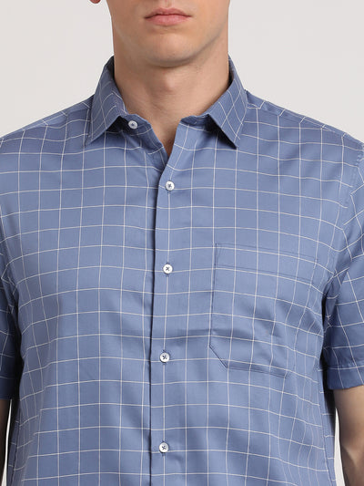 100% Cotton Light Blue Checkered Regular Fit Half Sleeve Formal Shirt