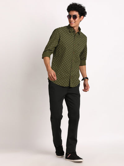 100% Cotton Dark Green Printed Slim Fit Full Sleeve Casual Shirt