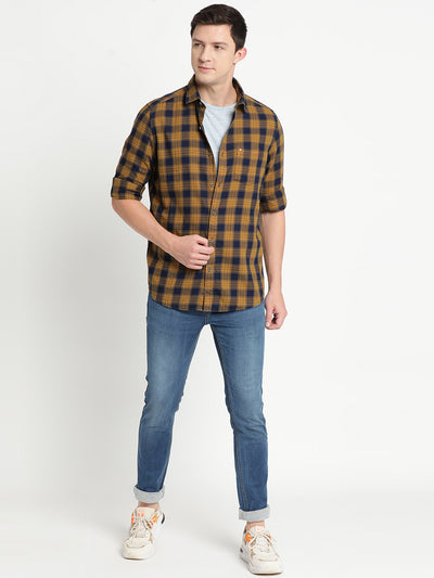 100% Cotton Indigo Mustard Checkered Slim Fit Full Sleeve Casual Shirt