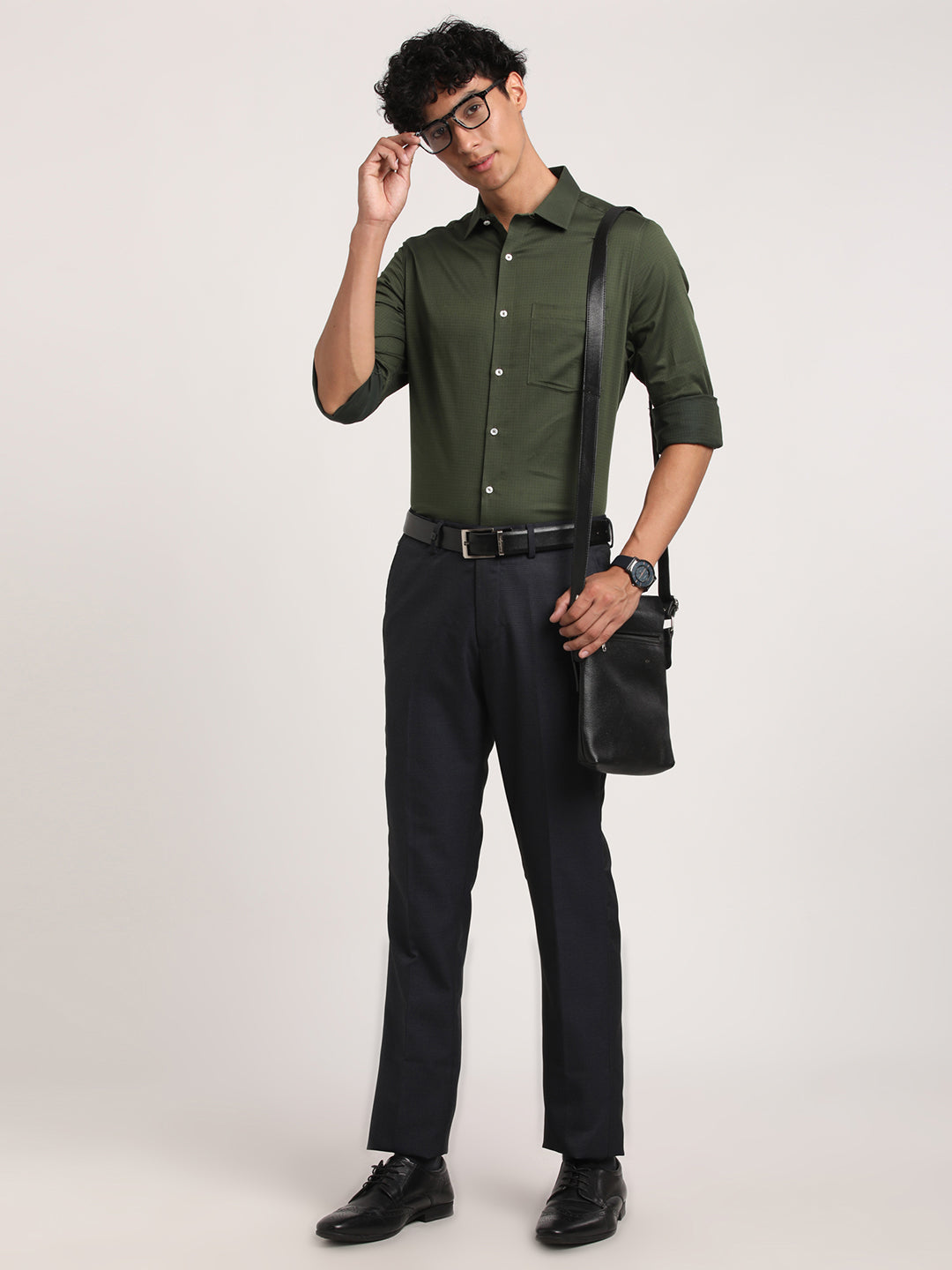 100% Cotton Green Dobby Slim Fit Full Sleeve Formal Shirt