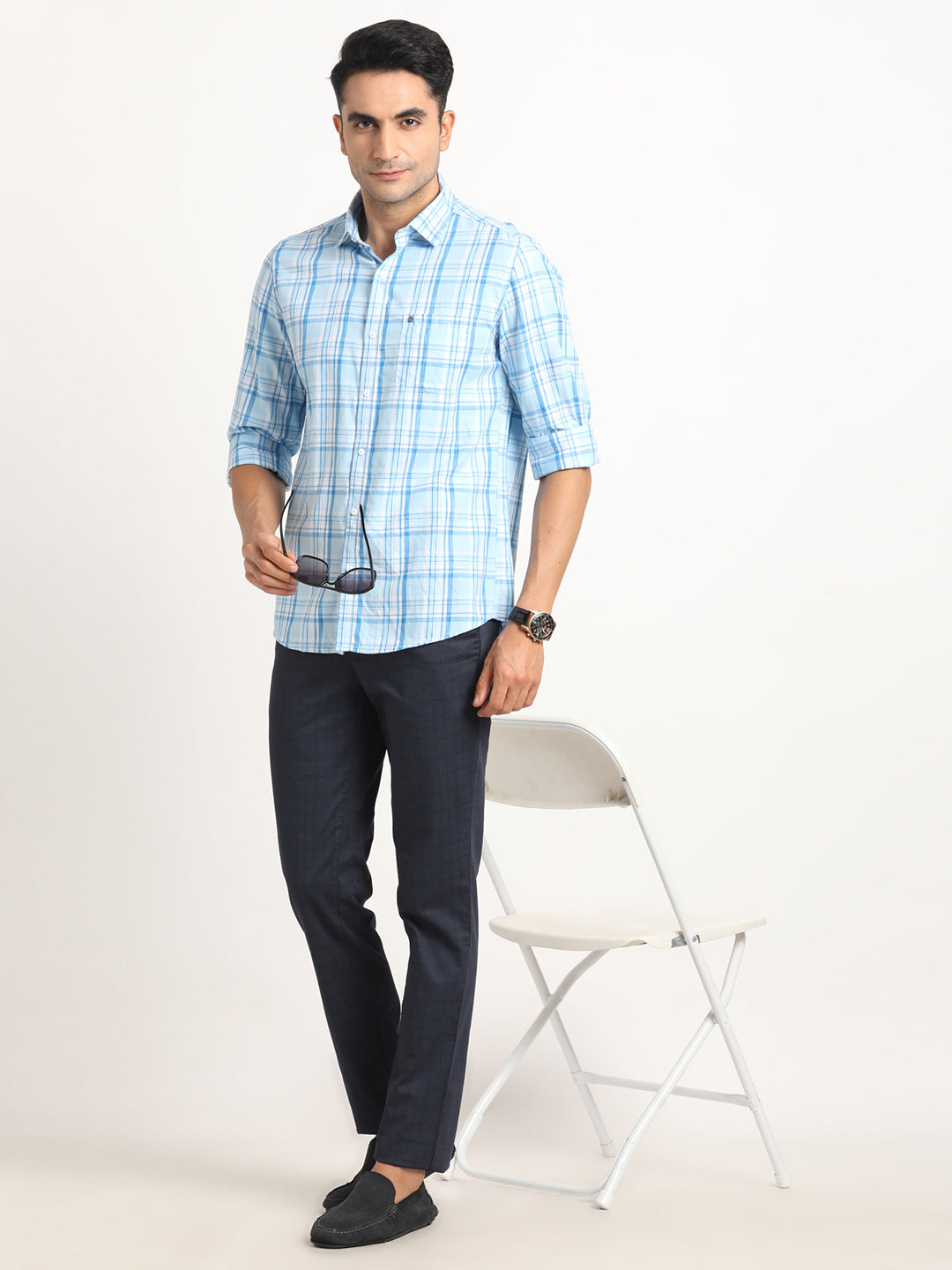 Cotton Blue Checkered Full Sleeve Casual Shirt