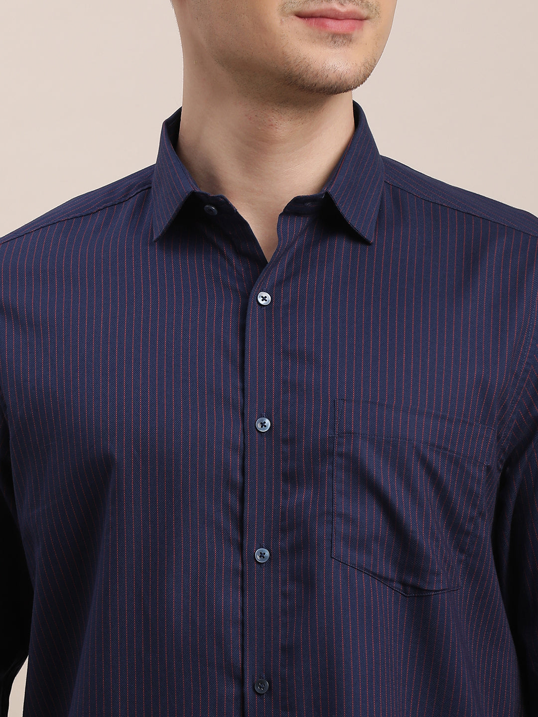 100% Cotton Dark Blue Striped Regular Fit Full Sleeve Formal Shirt